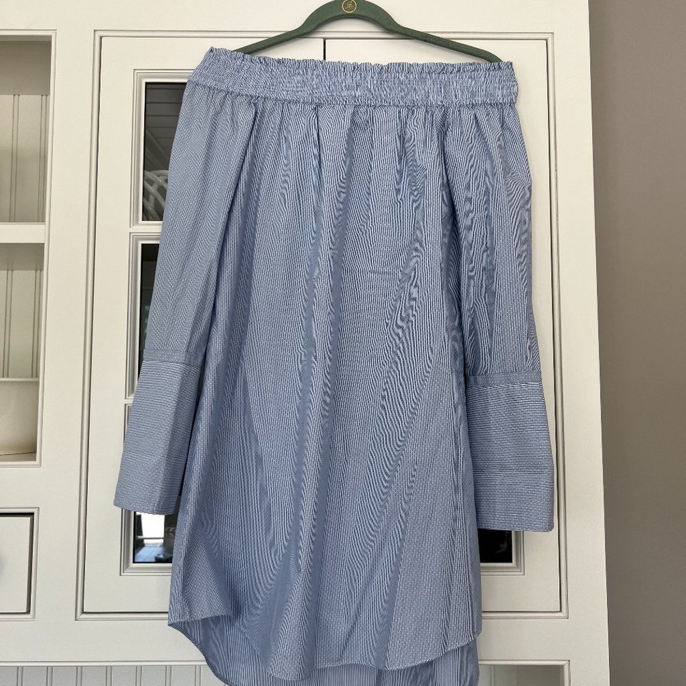 Derek Lam 10 Crosby Off the Shoulder Blue and White Pin Stripe Dress